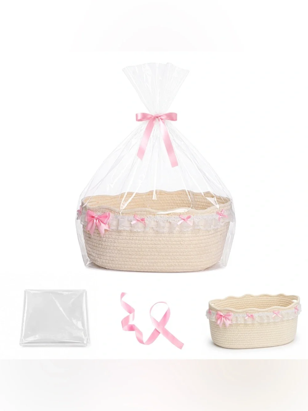 Decorative Pink Ribbon Cotton Rope Gift Basket with Bag & Ribbon